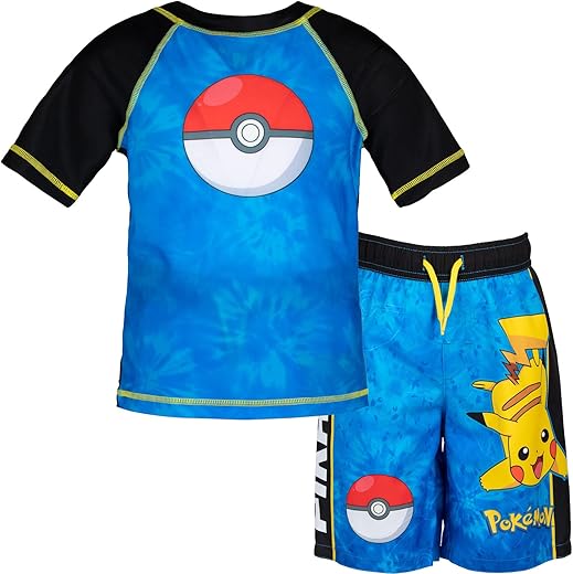 Pokemon Upf 50+ Rash Guard Swim Trunks Outfit Set Little Kid To Big Kid Sizes (4-14-16)