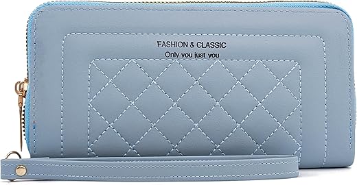 Port&Amp;Lotus Wallets For Women Sky Blue Clutch Handbag For Women With Cash Coin Pouch Pu Leather Zip Around Wallets For Women With Wristlet Strap Women'S Checkbook Wallets