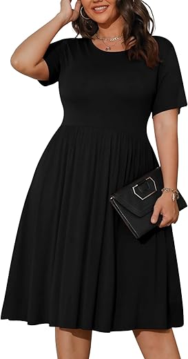 Poseshe Womens Plus Size Summer Dress 2024 Casual Short Sleeve Empire Waist Loose Fit Swing T-Shirt Dress With Pockets