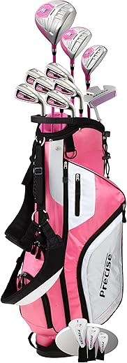 Precise M5 Ladies Womens Complete Right Handed Golf Clubs Set Includes Titanium Driver, S.s. Fairway, S.s. Hybrid, S.s. 5-Pw Irons, Putter, Stand Bag, 3 H/C'S Pink