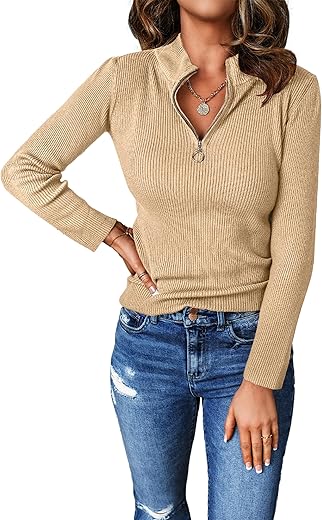 Prettygarden Fall Quarter Zip Pullover Sweaters For Women 2024 Long Sleeve Collared Fitted Ribbed Knit Tops