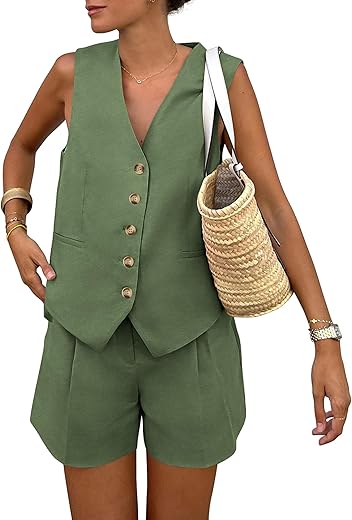 Prettygarden Womens 2 Piece Suits Set Button Down V Neck Vest Sleeveless Tops And Pockets Shorts Trendy Summer Outfits