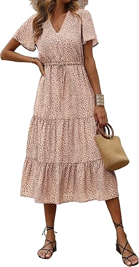 Prettygarden Women'S Floral Boho Dress Casual Short Sleeve V Neck Ruffle Tiered 2024 Summer Swing Maxi Dresses