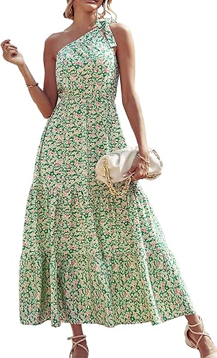 Prettygarden Women'S Floral Maxi Dress 2024 Knot One Shoulder Sleeveless Ruffle Hem Flowy Boho Dresses