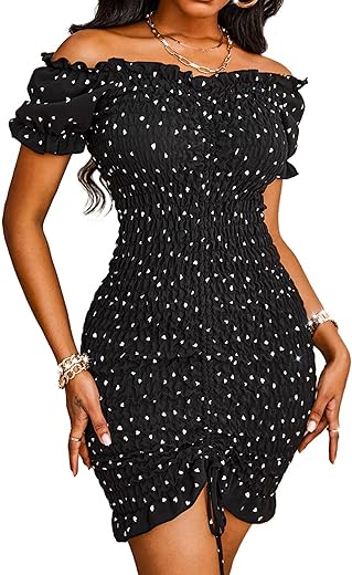 Prettygarden Womens Summer Off Shoulder Bodycon Dresses Short Sleeve Drawstring Sexy Mini Party Club Smocked Dress