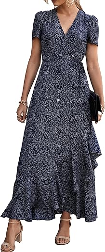 Prettygarden Womens Summer Wrap Maxi Dress Casual Boho Floral V Neck Short Sleeve Ruffle Hem Split Beach Long Dresses