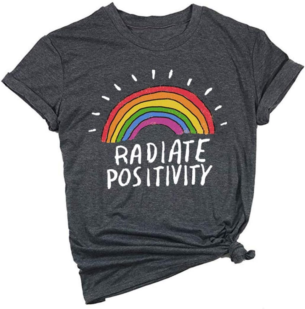 Pride Shirt Women Radiate Positivity Rainbow T-Shirt Funny Letter Print Graphic Tee Summer Short Sleeve Shirts Tops