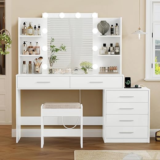 Quimoo 48&Quot; Large Vanity Desk With Mirror &Amp; Lights, Makeup Vanity Table With 6 Drawers &Amp; Power Outlet, 4 Open Storage Shelves, Vanity Desk Set With Stool, For Women Girls, White