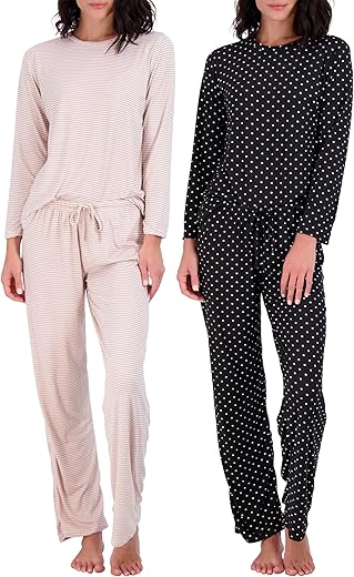 Real Essentials 2 Pack: Women'S Pajama Set - Choose From Short Sleeve With Pocket Or Long Sleeve Without Pocket