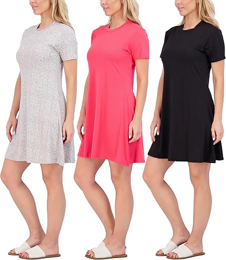 Real Essentials 3-Pack: Womens Soft Lounge Swing Casual T-Shirt Dress (Available In Plus Size)