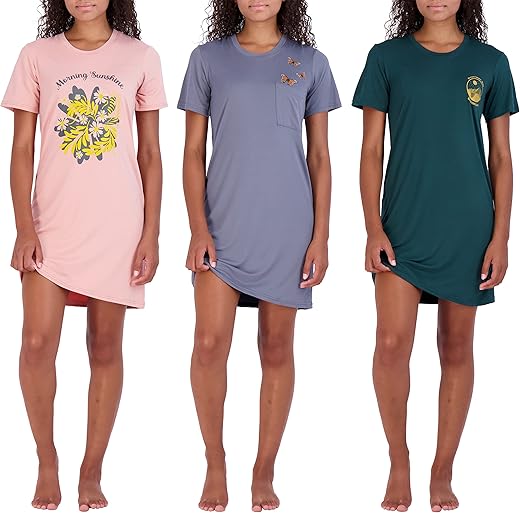 Real Essentials 3 Pack: Women'S Printed Nightshirt Short Sleeve Ultra-Soft Nightgown Sleep Dress (Available In Plus Size)