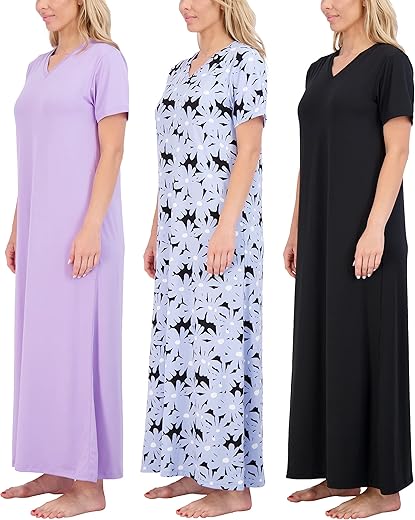 Real Essentials 3 Pack: Women'S Soft Maxi Long Nightshirt Short Sleeve Soft Nightgown Sleep Dress (Available In Plus Size)