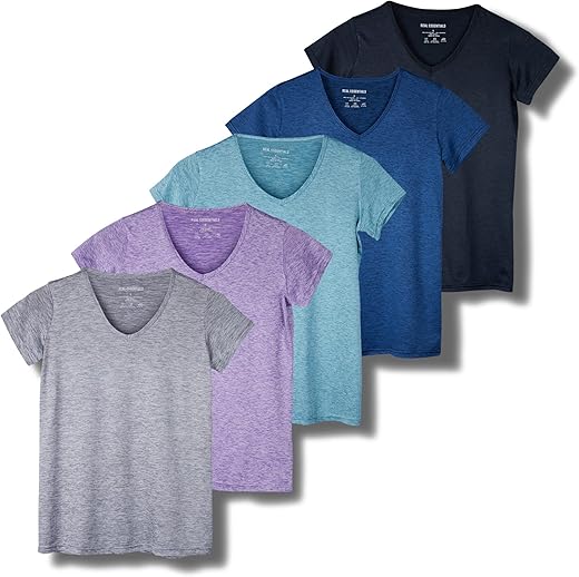 Real Essentials 5 Pack: Women'S Short Sleeve V-Neck Activewear T-Shirt Dry-Fit Wicking Yoga Top (Available In Plus)