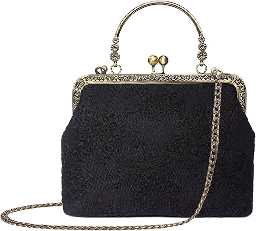 Rejolly Women Vintage Kiss Lock Top Handle Handbag Evening Purse Crossbody Shoulder Bag With Chain Strap