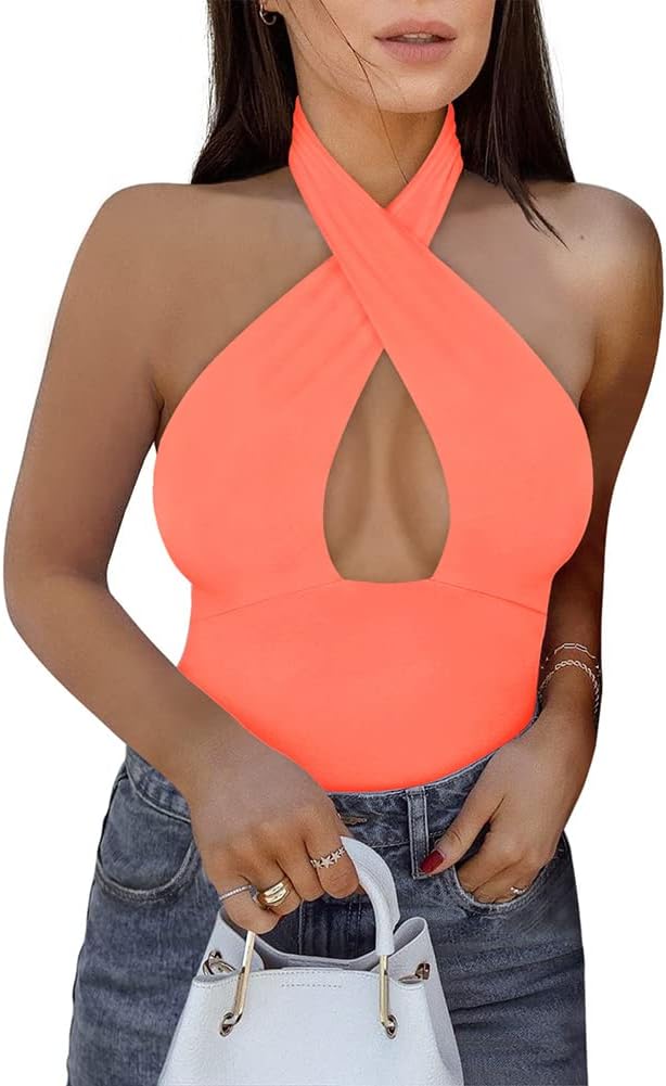 Reoria Butsmooth® Women'S Sexy Criss Cross Halter Neck Sleeveless Thong Bodysuits Tops Clubwear