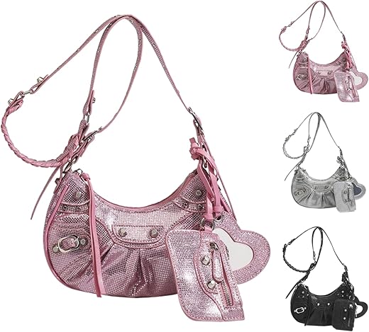 Rhinestone Shoulder Bags Y2K Purses Crossbody Bag Women Pleated Hobo Bags Punk Handbag Sparkly Crescent Bag (Pink)