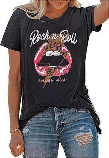 Rock N Roll Shirt Women Vintage Rock Music Graphic Shirt Country Music Tee Funny Letter Printed Casual Short Sleeve Tops