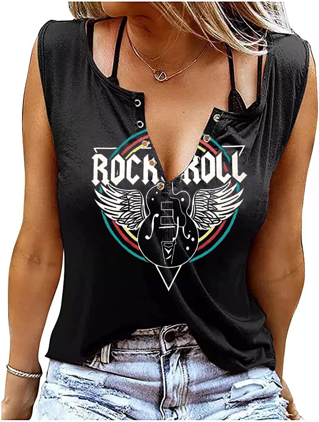 Rock &Amp; Roll Tank Top For Women Vintage Country Music Shirts Rock Concert Band Tees Summer Sleeveless Graphic Tops