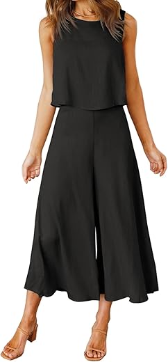 Roylamp Women'S Summer 2 Piece Outfits Round Neck Crop Basic Top Cropped Wide Leg Pants Set Jumpsuits