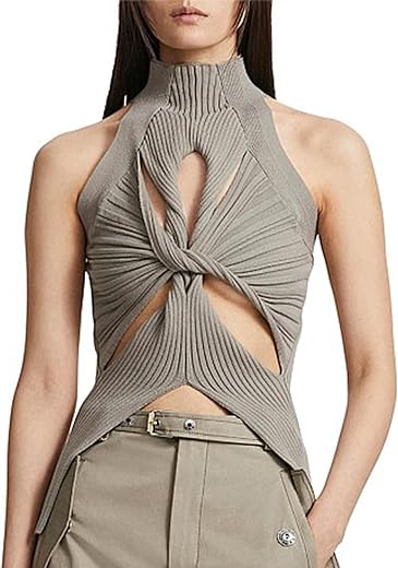 Safrisior Women Sexy Hollow Out Twist Front Knitted Tank Tops Sleeveless High Neck Cut Out Sweater Vest