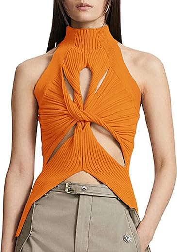 Safrisior Women Sexy Hollow Out Twist Front Knitted Tank Tops Sleeveless High Neck Cut Out Sweater Vest