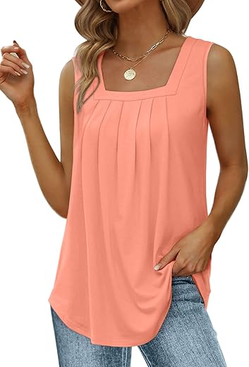 Saloogoe Summer Tank Tops For Women Loose Fit Pleated Square Neck Sleeveless Tops Curved Hem Flowy