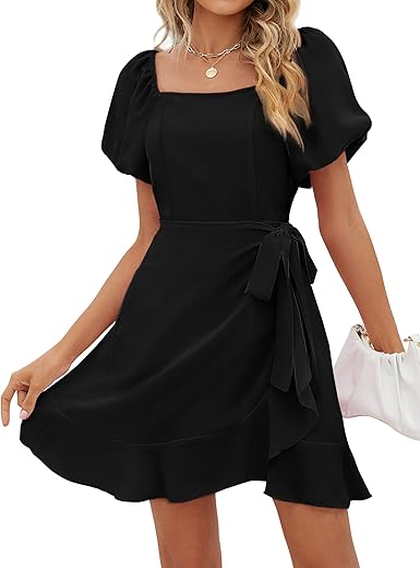 Sampeel Puff Sleeve Square Neck Summer Dress For Women 2024 Tie Waist Short Dresses