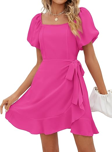 Sampeel Puff Sleeve Square Neck Summer Dress For Women 2024 Tie Waist Short Dresses