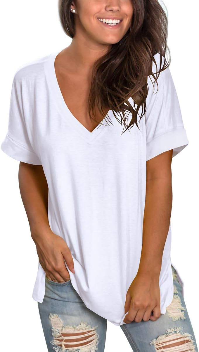 Sampeel Women'S V Neck T Shirts Casual Rolled Short Sleeve Side Split Summer Tops Loose Fit