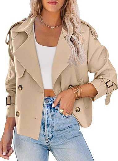 Saodimallsu Women Crop Double Breasted Trench Coat Raglan Sleeve Work Office Cropped Jacket With Pockets