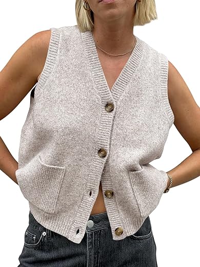 Saodimallsu Womens Sleeveless Sweater Vest Button V Neck Knit Trendy Casual Summer Cardigan With Pockets