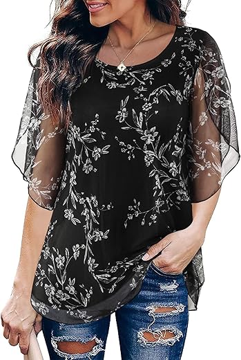 Sese Code Womens Ruffle 3/4 Sleeve Mesh Blouses Loose Flowy Tops Stretchy Shirts