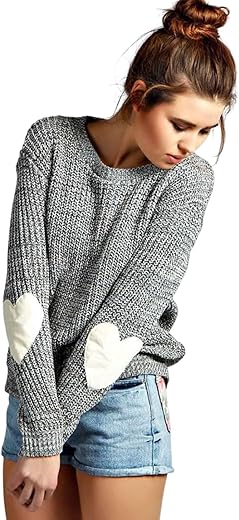 Shermie Women'S Cute Heart Pattern Elbow Patchwork Knitted Sweaters Long Sleeve Crew Neck Casual Pullover