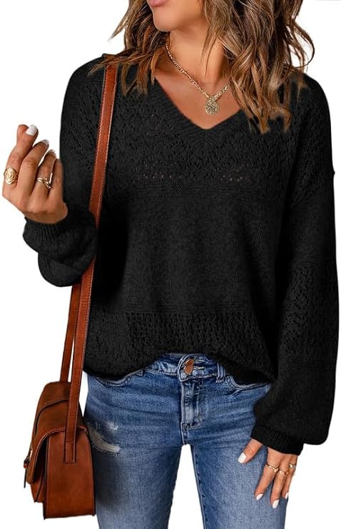 Shewin Womens Sweaters Casual Long Sleeve V Neck Lightweight Crochet Pullover Sweater Tops