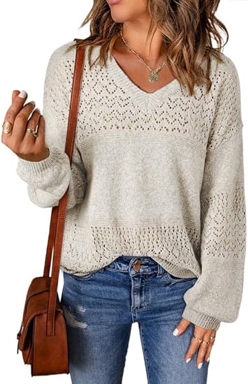 Shewin Womens Sweaters Casual Long Sleeve V Neck Lightweight Crochet Pullover Sweater Tops