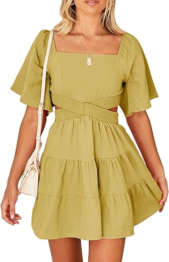 Shy Velvet Women'S Summer Dress Square Neck Short Sleeves Crossover Waist Casual Party Mini Dress