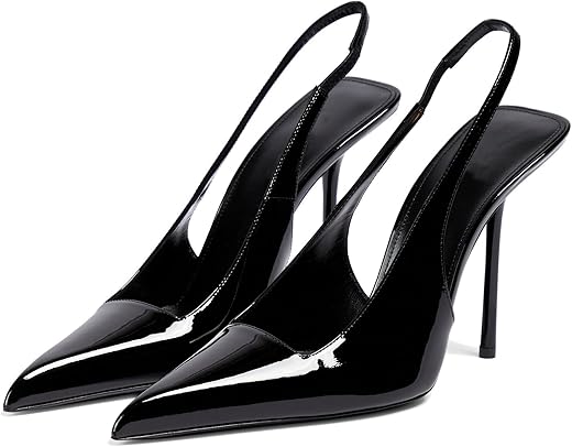 Slingback Stiletto Heels For Women Pointed Toe Slip On Patent Leather Pumps Backless Stretch Strap Dress High Heels