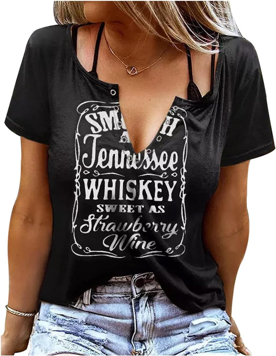 Smooth As Tennessee Sweet As Strawberry Shirt Womens Summer Sexy V-Neck T Shirts Country Music Short Sleeve Tops Blouse