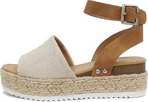 Soda Topic Open Toe Buckle Ankle Strap Espadrilles Flatform Wedge Casual Sandal