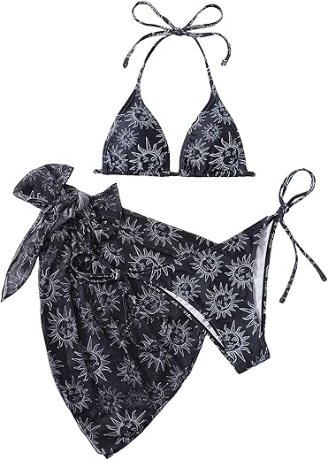 Soly Hux Women'S 3 Piece Swimsuits Print Halter Triangle Tie Side Bikini Bathing Suit With Cover Up Beach Skirt