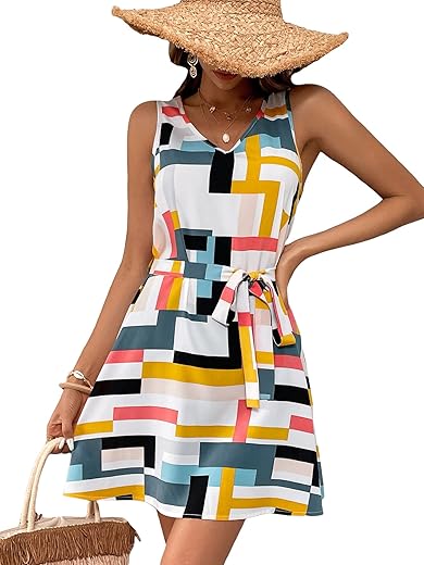 Soly Hux Women'S Geo Print V Neck Belted A Line Mini Dress Sleeveless Summer Swing Tank Dresses