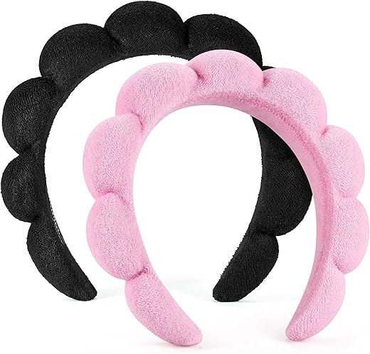 Spa Headbands For Washing Face Or Facial, Set Of 2 Skincare Headbands, Terry Cloth Headband Combo Pack - Puffy Makeup Headbands For Face Washing, Mask, Skin Treatment (Pink &Amp; Black)