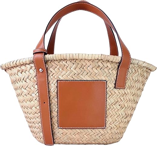 Straw Basket Tote Bag For Women Pu Leather Strap Hollow Woven Top Handle Straw Purses And Handbags