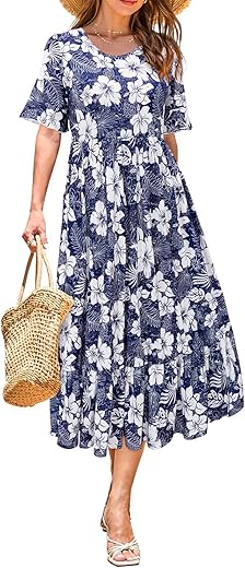 Styleword Women'S 2024 Summer Casual Short Sleeve Crewneck Tiered Flowy Midi Dress Long Hawaiian Beach Sundress