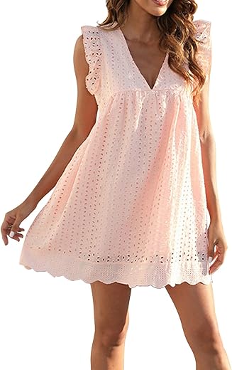 Summer Dresses For Women 2024 Casual Sleeveless V Neck Ruffle Beach Vacation Sundresses Cute Flowy Mini Dress