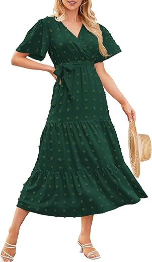 Summer Flowy Womens Dresses Boho Long Dress V Neck Short Sleeve Swiss Dot Dresses A Line Smocked Maxi Dresses For Women 2024