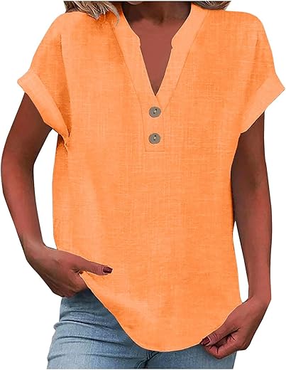 Summer Linen Shirts For Women Dressy Casual Vneck Top Cap Sleeve Lightweight Cute Petite Shirt Resort Wear