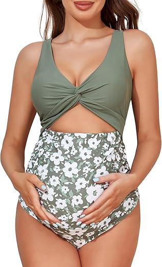 Summer Mae Maternity Cutout One Piece Swimsuit Twist Front Criss-Cross Bathing Suit High Waisted Pregnancy Swimwear