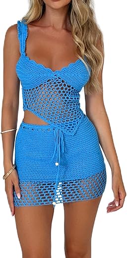 Sunloudy Women 2Pcs Crochet Knit Skirt Set Tube Crop Top + High Waist Bodycon Skirt Cover Up Beachwear