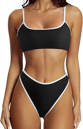 Suuksess Women High Waisted 2 Piece Bikini Set Cheeky High Cut Bandeau Swimsuit